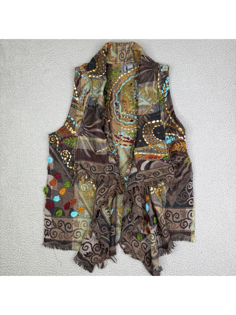 Anu Boho Embroidered Open Front Vest Wool Fringe Artwear Lagenlook Draped L